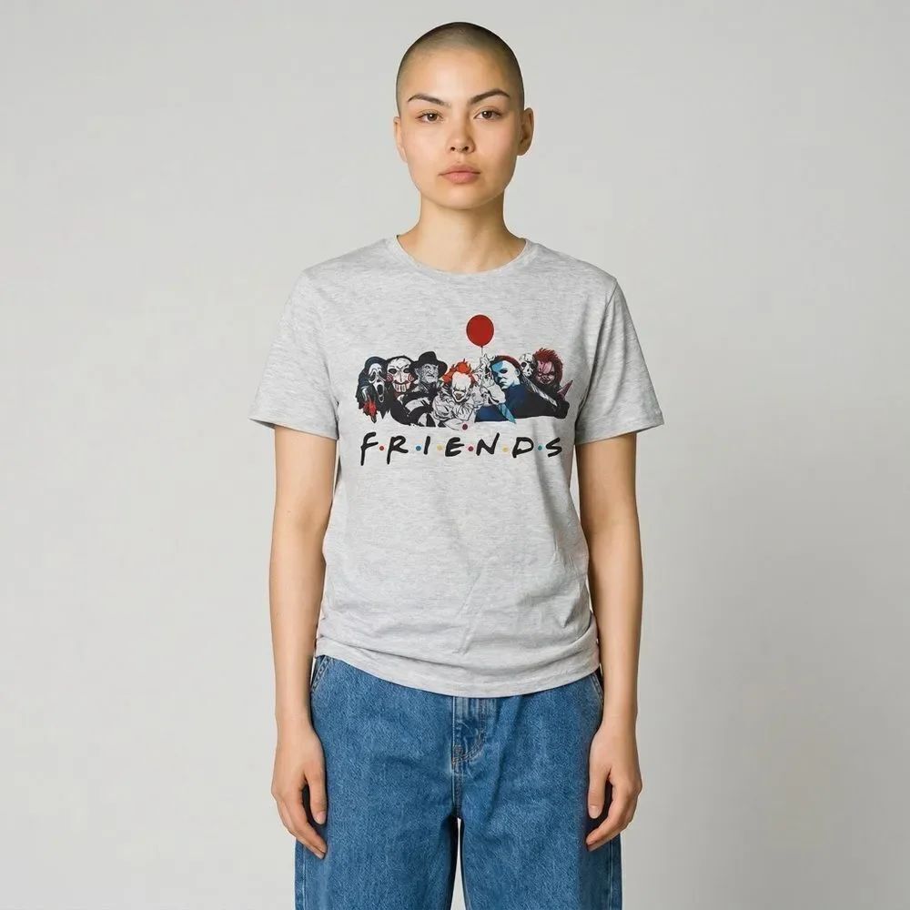 SHEIN Grey 'Friends' Horror Characters Graphic Short Sleeve Tee Halloween L